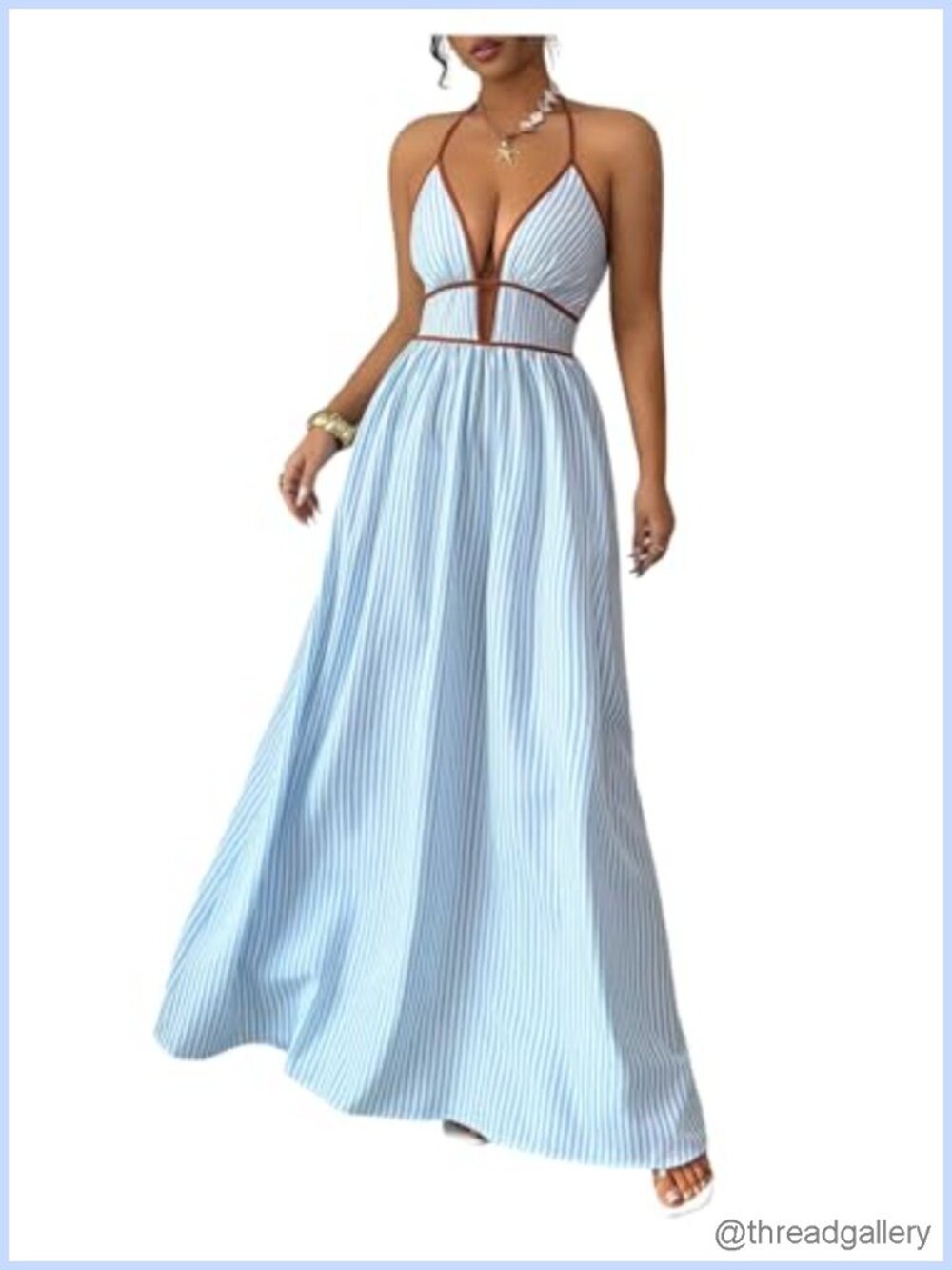 Striped Halter Maxi Dress Backless Smocked Boho Beach Vacation